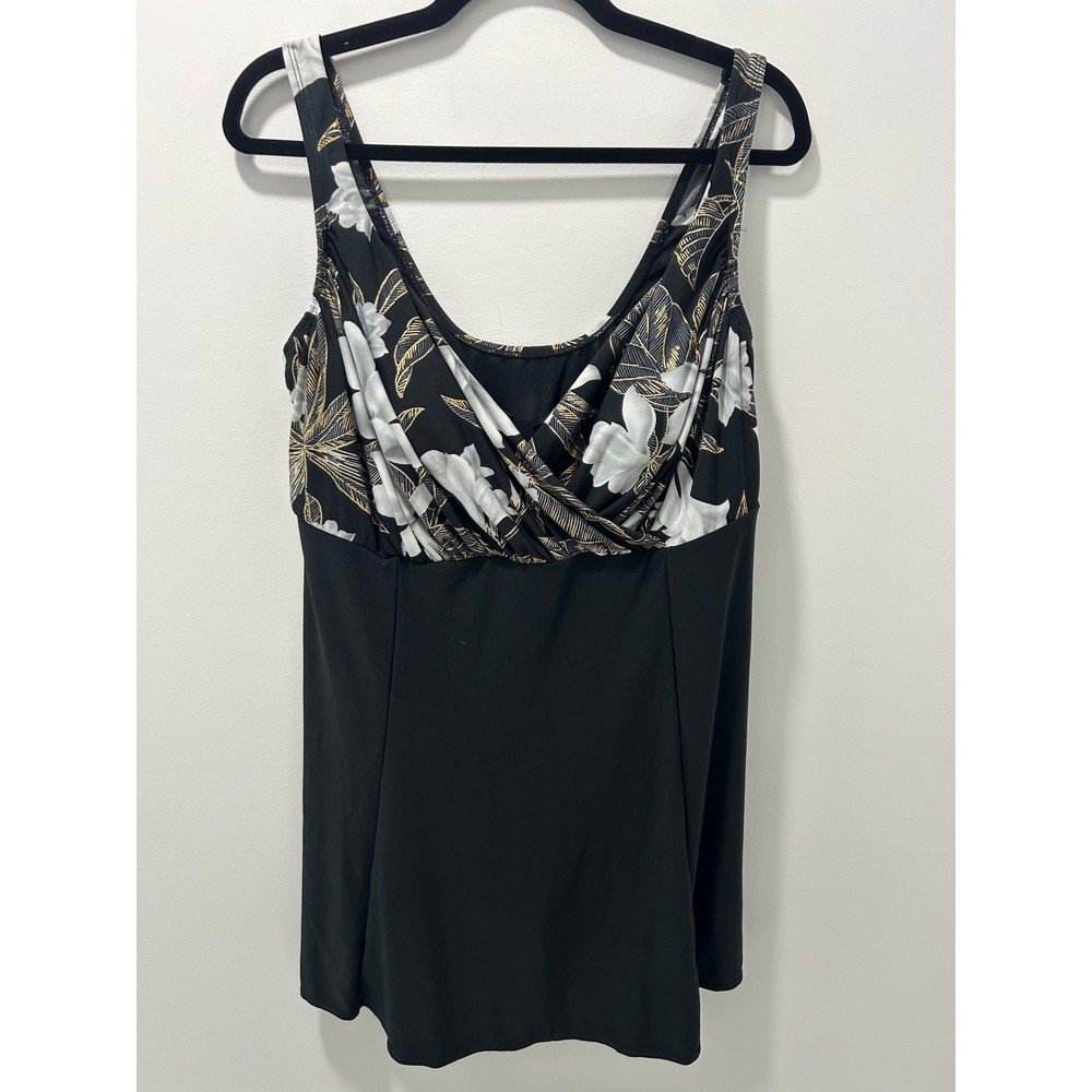 Tropical Floral Gold Leaf Black Swimdress One Piece Swimsuit Size 16 NEW